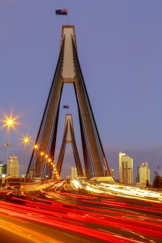 Evening peak-hour traffic on the ANZAC Bridge in Sydney, NSW, Australia. - Australian Stock Image