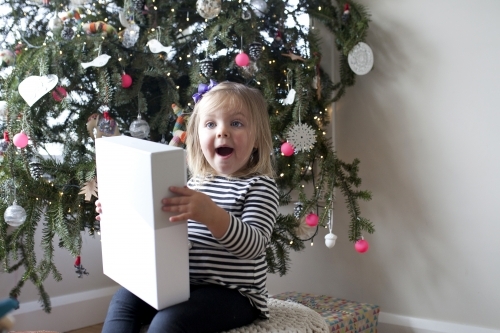 Excited young girl with present in front of Christmas tree - Australian Stock Image