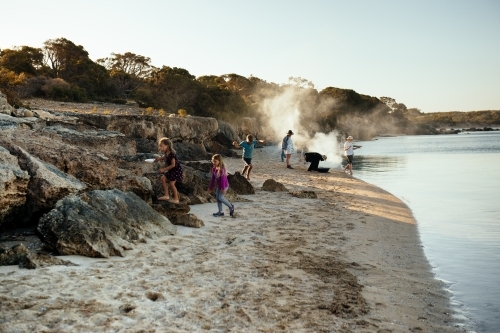 Exploring and cooking on the beach Coffin Bay NP - Australian Stock Image