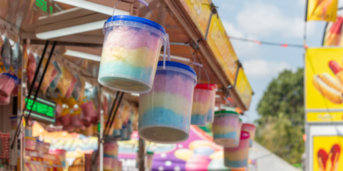 Fairy Floss hanging from trailer, for sale at Royal Show - Australian Stock Image