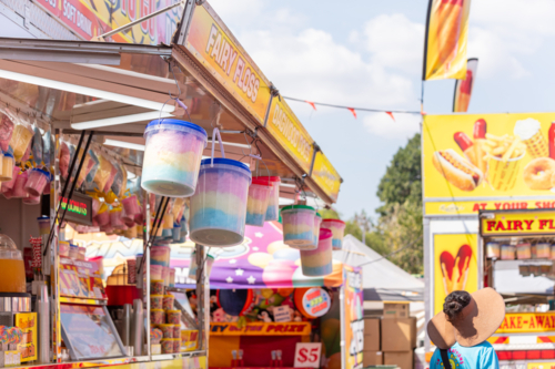 Fairy Floss hanging from trailer, for sale at Royal Show - Australian Stock Image