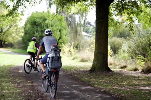 Family riding bikes on bike path from behind - Australian Stock Image