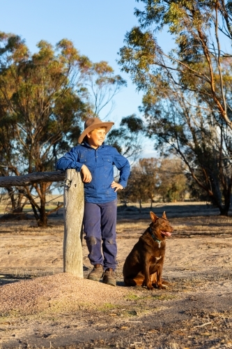 farm kid leaning on fencepost with his red kelpie dog - Australian Stock Image