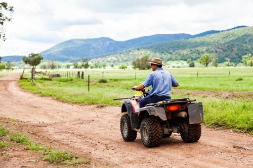 Farmer riding quad bike down farm driveway over cattle grid - Australian Stock Image