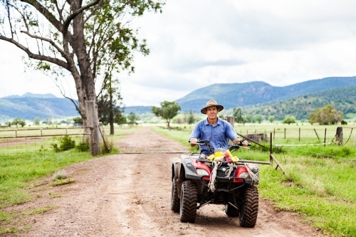 Farmer riding quad bike down farm driveway over cattle grid - Australian Stock Image