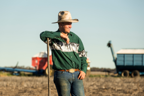 Farmer standing in agricultural field with rake - Australian Stock Image