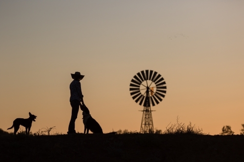 Farmer with dogs and windmill in silhouette