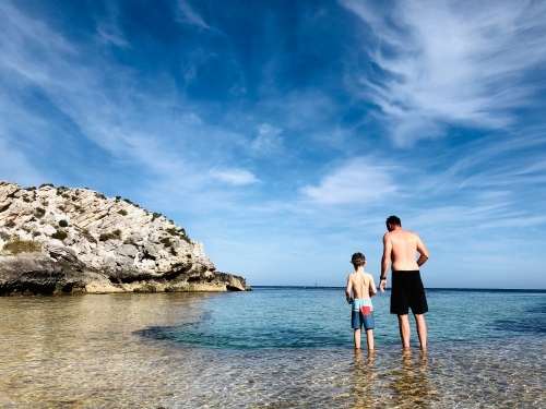 Father and young boy standing on reef overlooking a lagoon wearing board shorts