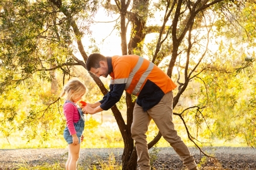 Father putting flower in daughters shirt - Australian Stock Image
