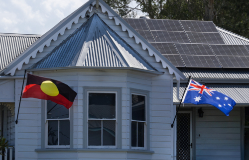 Federation home, corrugated iron roof with solar panels - Australian Stock Image