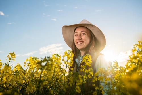 Female farmer inspects canola crop in late-afternoon light - Australian Stock Image