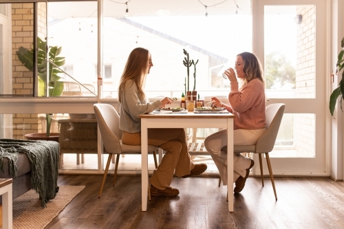 Female same sex couple eating a meal together at home