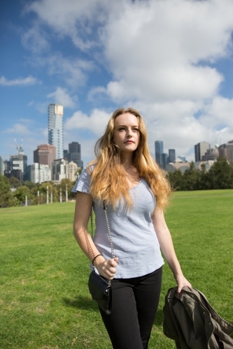 Female Tourist Exploring Melbourne on Foot - Australian Stock Image