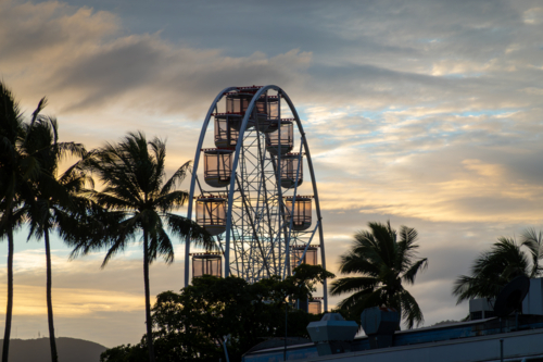 Ferris Wheel at Sunset with Palm Trees Silhouetted Against the Sky - Australian Stock Image
