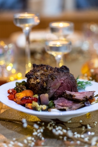 festive roast beef on a platter - Australian Stock Image