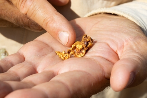 finger pointing to gold nuggets in palm of hand - Australian Stock Image