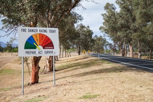 Fire danger rating today sign on high beside rural country road - Australian Stock Image