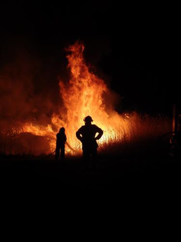 Firemen fighting a grass fire at night silhouetted against the fire - Australian Stock Image