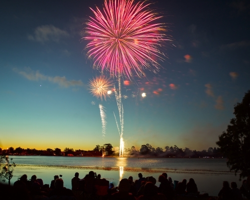 Fireworks by a lake on Australia Day - Australian Stock Image