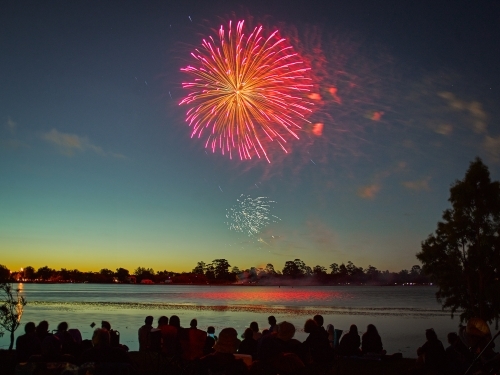 Fireworks by a lake on Australia Day - Australian Stock Image