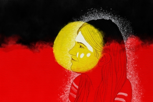 First Nations Australian woman on Aboriginal flag - Australian Stock Image