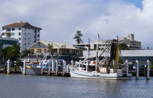 Fishing boats moored in river with waterfront buildings on shoreline - Australian Stock Image
