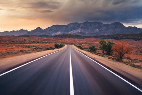 Flinders Ranges Landscape with road to the hills - Australian Stock Image