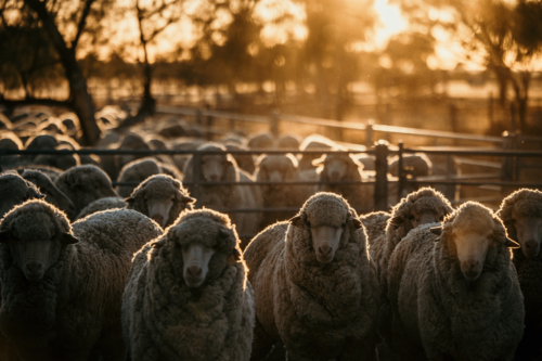 Flock of sheep gathered inside the stockyard fence at sunset on rural farm - Australian Stock Image