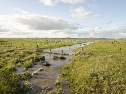 Floodwaters and fence line on paddock - Australian Stock Image