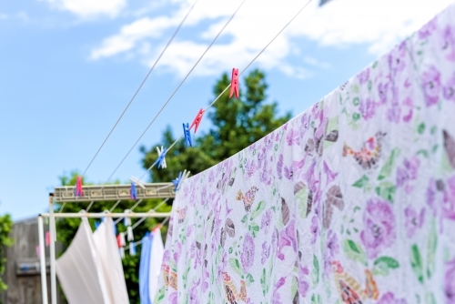 Floral Sheet hanging on the line drying in the sun - Australian Stock Image