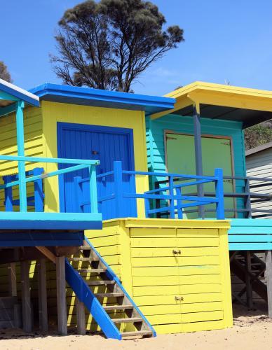 Fluro coloured blue and yellow beach boxes on a sunny day
