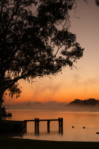 Fog mist morning on river at Mannum - Australian Stock Image