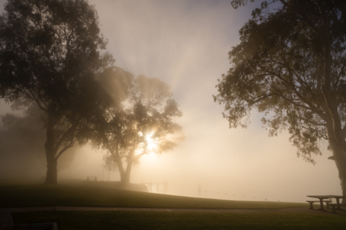 Fog mist morning on river at Mannum - Australian Stock Image
