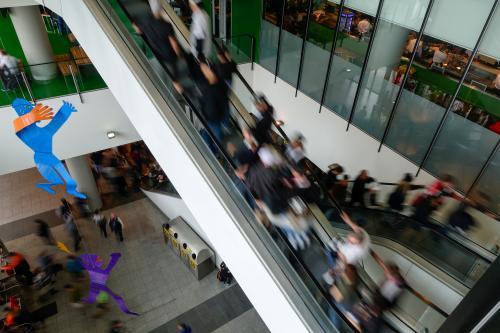 Football Crowd Using MCG Escalators, Ponsford Stand - Australian Stock Image