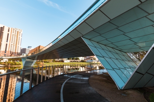 Footpath leading under the Adelaide Riverbank Precinct Bridge beside the River Torrens - Australian Stock Image