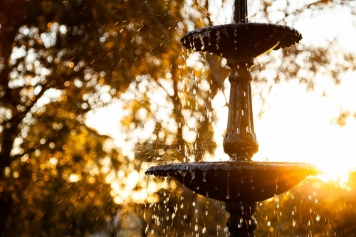 Fountain with water droplets in golden sunset light - Australian Stock Image