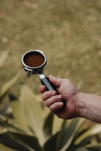 Freshly ground and tamped coffee ready to pull an espresso shot - Australian Stock Image