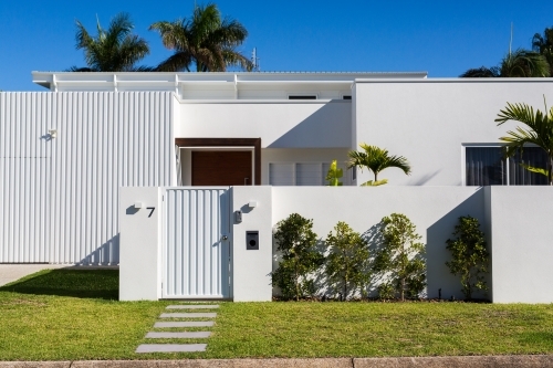 front gate and path of a modern white home - Australian Stock Image