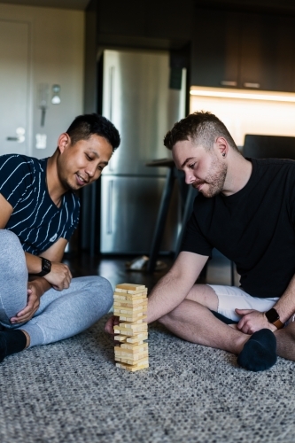 Gay couple playing fun block game at home - Australian Stock Image