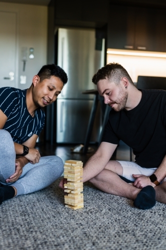 Gay couple playing fun block game at home