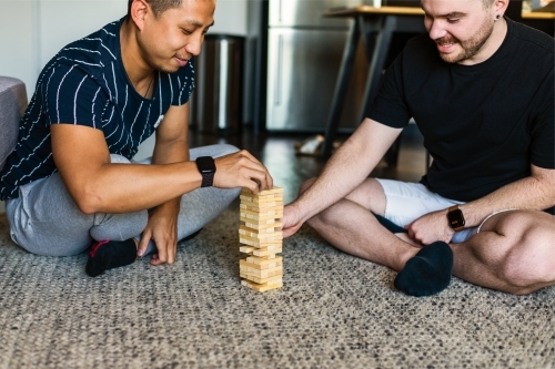 gay couple playing fun block game at home - Australian Stock Image