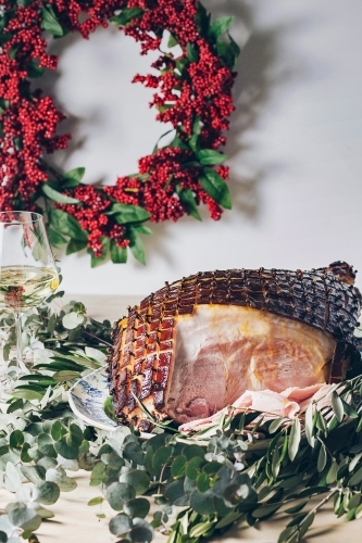 Gazed Christmas Ham with Christmas decorations. - Australian Stock Image