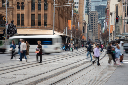 George Street with blurry cars and pedestrians - Australian Stock Image