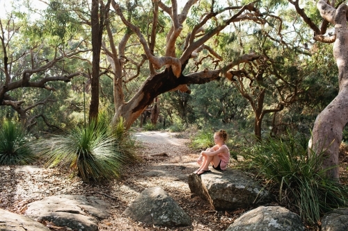 Girl sitting on a rock among trees