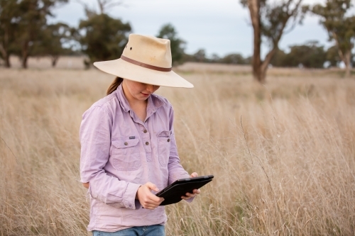 Girl using ipad in the farm paddock - Australian Stock Image