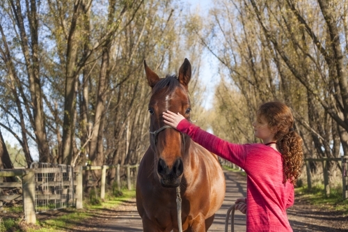 Girl walking her horse in scenic background - Australian Stock Image