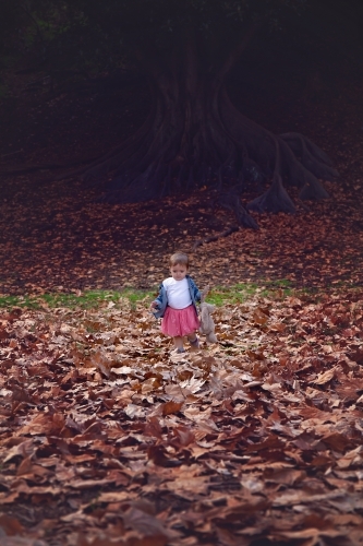 Girl With Toy Rabbit Walking in Autumn Leaves