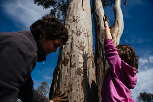 Girls making muddy hand prints on tree, with shadow - Australian Stock Image