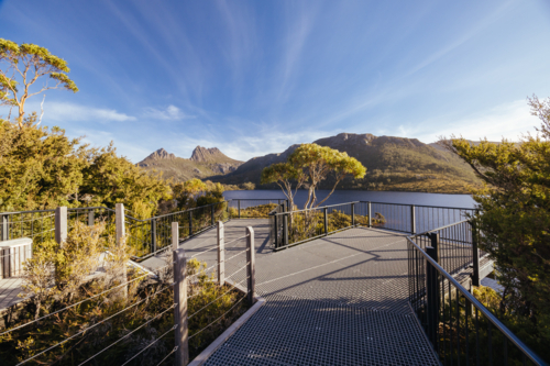 Glacier Rock Lookout at Dove Lake and Cradle Mountain on a warm autumn afternoon - Australian Stock Image
