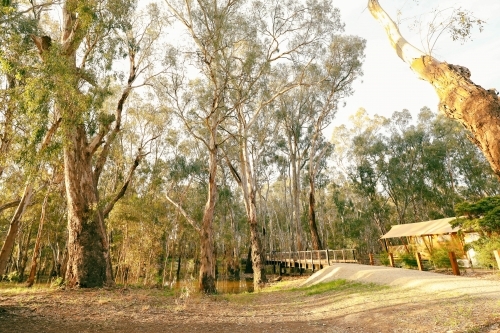 Glamping tents set up on the Gunbower Creek at Koondrook Victoria Australia - Australian Stock Image